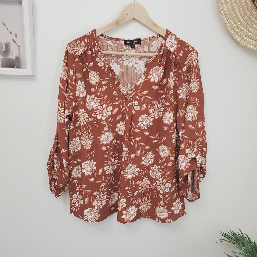Lily Morgan Floral Rust Blouse NWOT